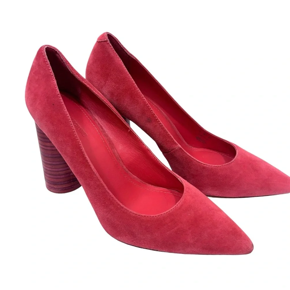 POUR LA VICTOIRE Coral Pink Suede Heels Pumps Wood‎ Cylindrical Heel Size 8 - Picture 2 of 9